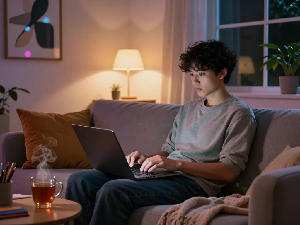Engaging in NSFW AI chat from a cozy living room with neon lights and modern decor.