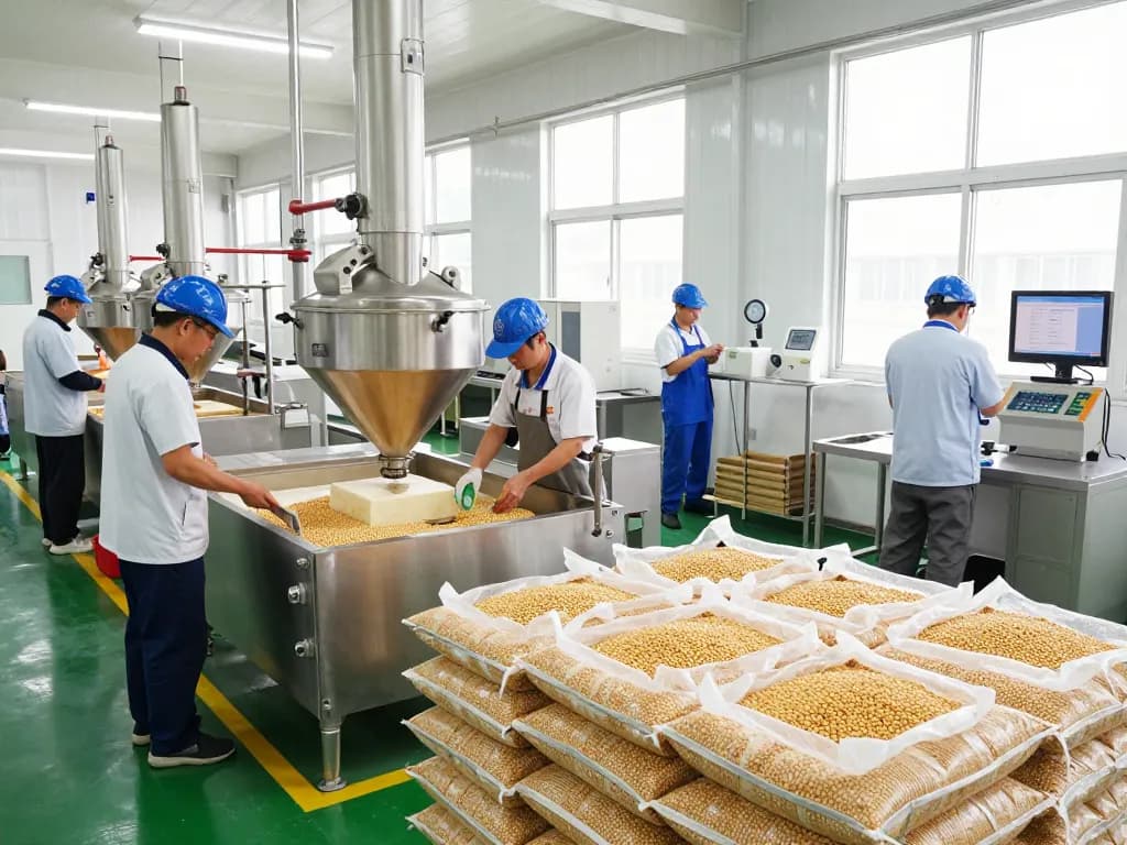 Workers in a food processing plant using BANDIT69 equipment to produce tempeh, showcasing a modern production environment
