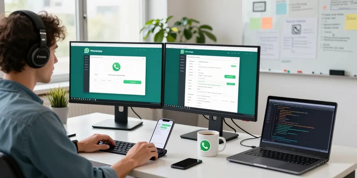 Engaged professional using WhatsApp網頁版 in a modern workspace with dual monitors and tech elements.