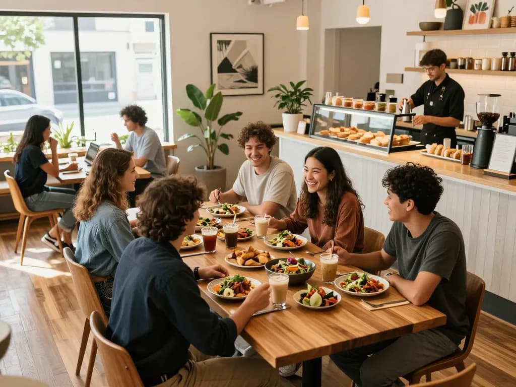 Diverse friends enjoying a meal at RANDOM88 cafe, sharing laughter and artisan dishes in a warm, inviting space.
