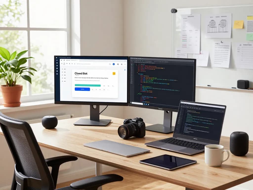 Developer using Clawd Bot in a modern home office, managing tasks with dual monitors and bright natural light.