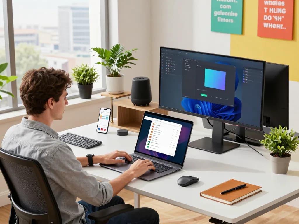 Tech gadgets for productivity showcased in a modern office workspace with a laptop, Bluetooth keyboard, and smart speaker.