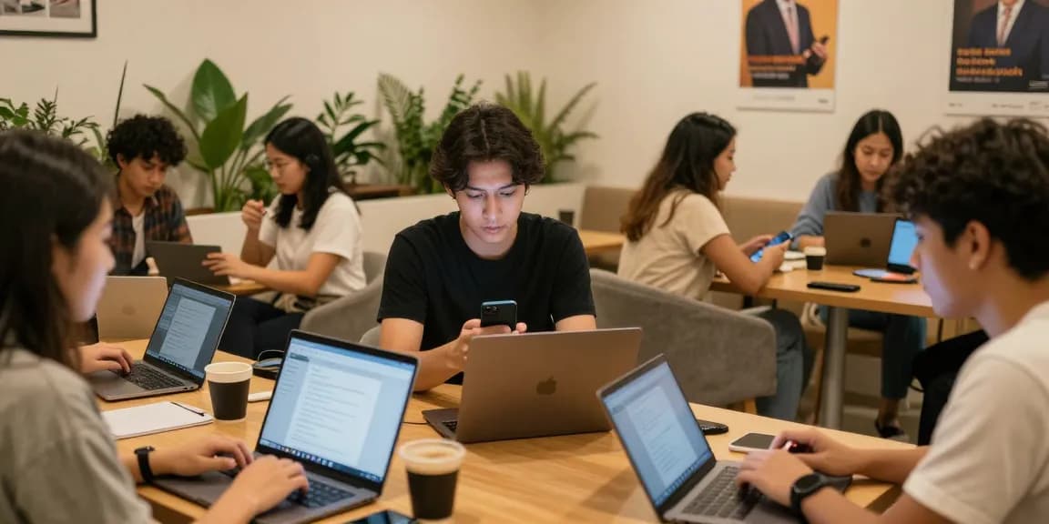 Engaged users exploring the rokok88 platform in a vibrant co-working space, showcasing digital interaction and community.