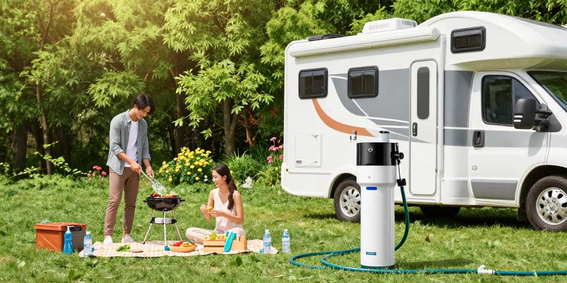 AQUA CREST X-Large RV Water Filter providing clean water in a serene campsite, surrounded by nature.
