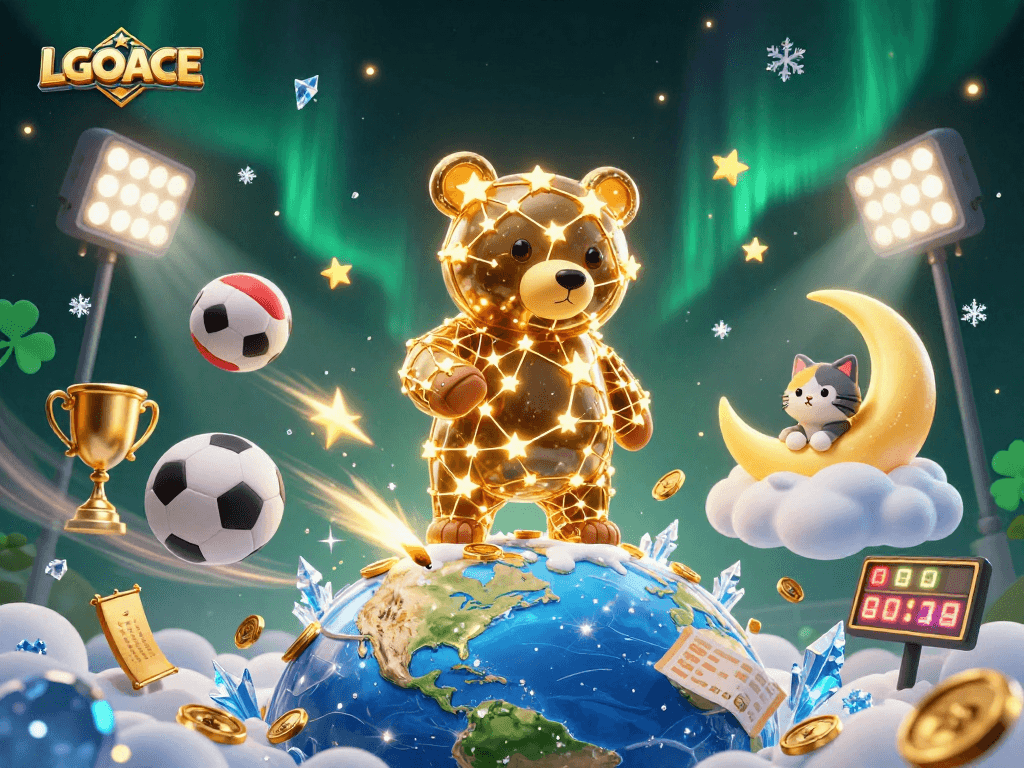 Experience LGOACE excitement with a constellation bear and sports betting elements in a lively illustration.