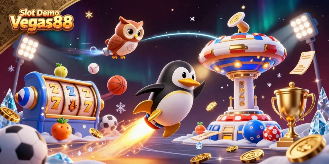 Experience the excitement of Slot Demo Vegas88 with a golden penguin soaring toward a casino-themed poker chip.