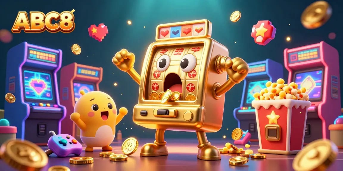 ABC8 celebrates big wins with its golden slot machine, surrounded by cheering machines and arcade games in a vibrant scene.