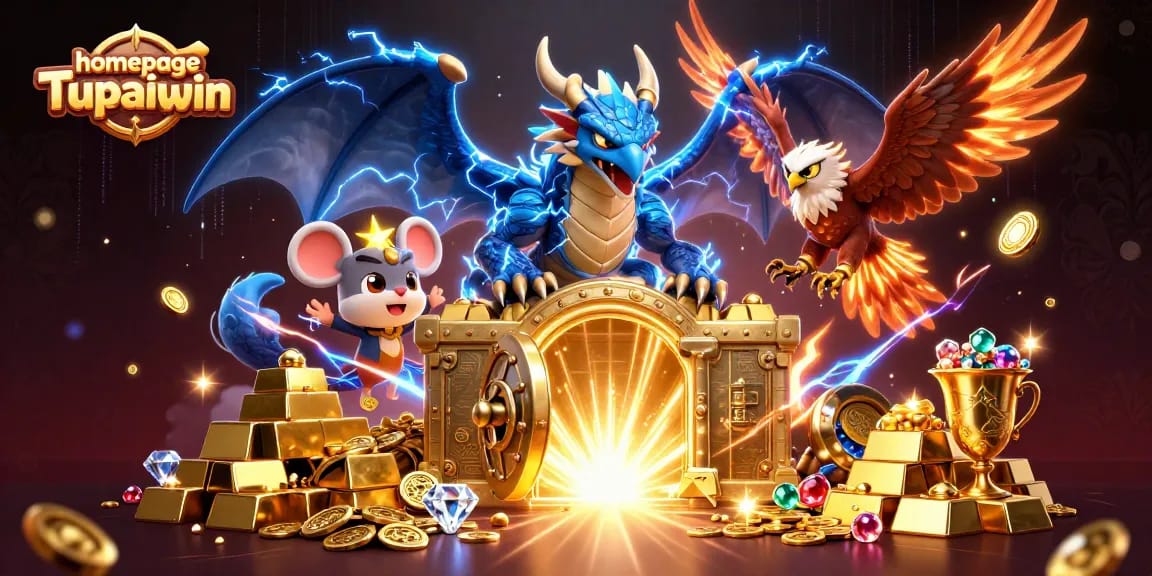 Aktifkan homepage Tupaiwin dengan ilustrasi 3D menakjubkan yang menggambarkan naga petir dan simbol permainan kasino.