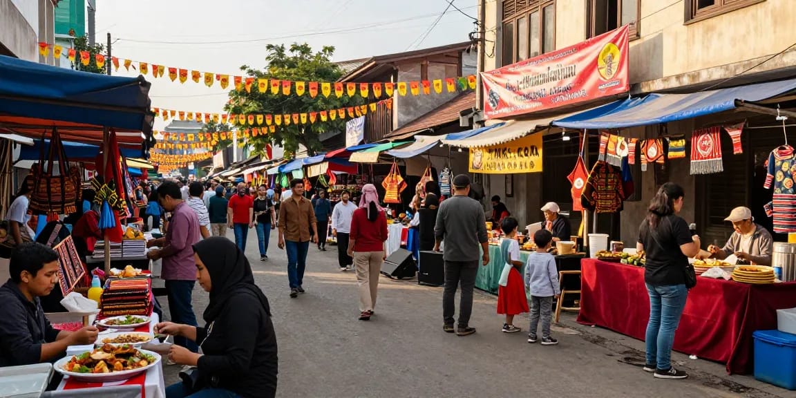 Suasana pasar lokal Leci123 di Sakarya Indonesia dengan keramaian dan makanan tradisional.