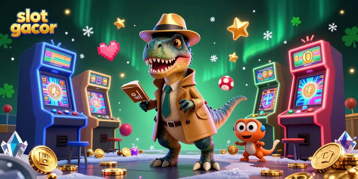 Engage with slot gacor strategies alongside a cartoon velociraptor at a vibrant slot machine table bustling with game elements.