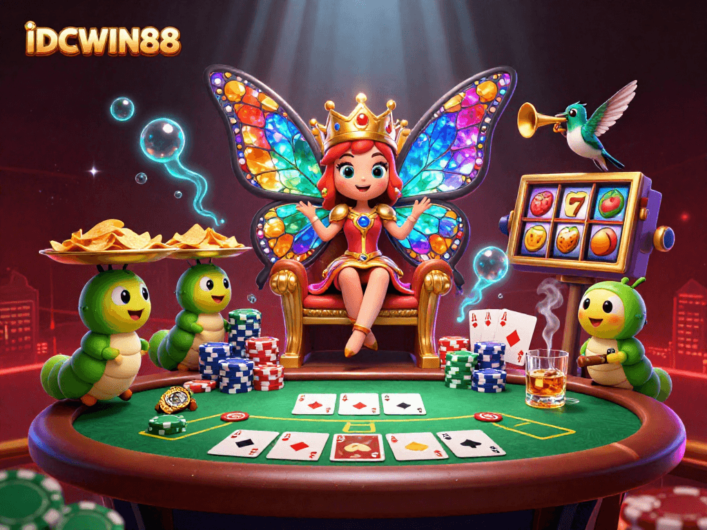 Play exciting slots with IDCWIN88’s dazzling butterfly queen, poker elements, and vibrant gaming atmosphere.
