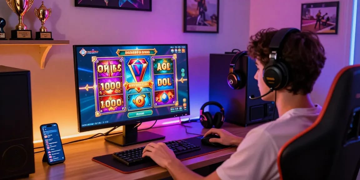 Player enjoying situs slot gacor with vibrant graphics and cozy gaming setup, reflecting modern online gaming trends.