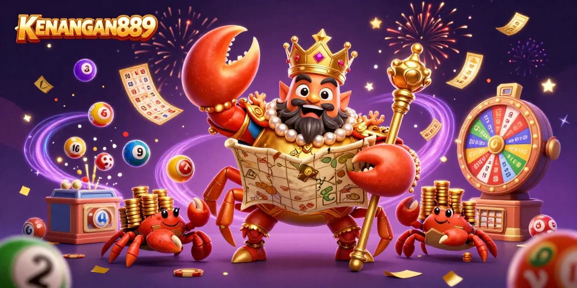 KENANGAN889 brings players exciting lottery action with a festive crab emperor illustration, inviting fun.