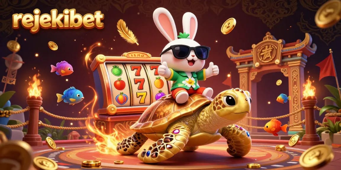 Spin to win at rejekibet with a lucky rabbit on a majestic turtle amidst vibrant casino symbols.