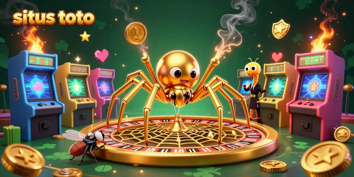 Tangkap momen menarik di situs toto dengan ilustrasi 3D laba-laba emas dan dealer kaki seribu yang mengoperasikan roda keberuntungan.