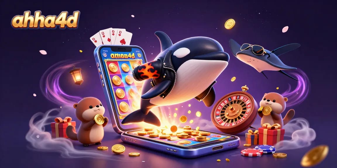 Menggunakan ahha4d, orca 3D melompat di kasino dengan uang koin dan permainan slot.