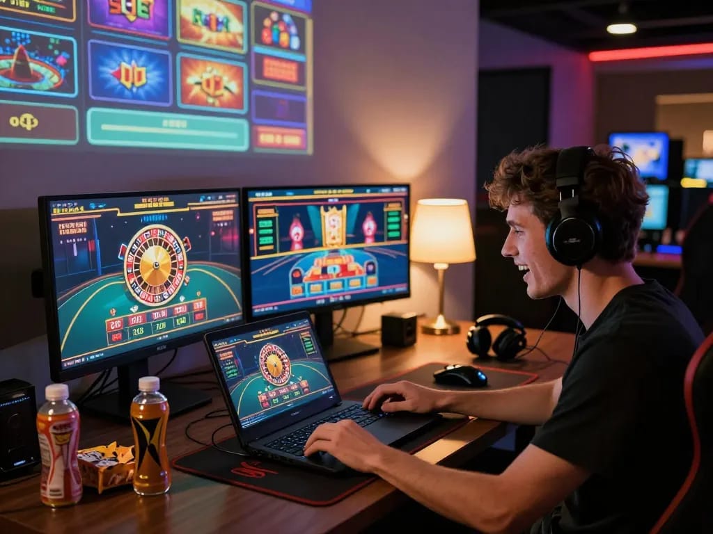 Engaged player enjoying MM88 online casino games at a modern gaming desk.