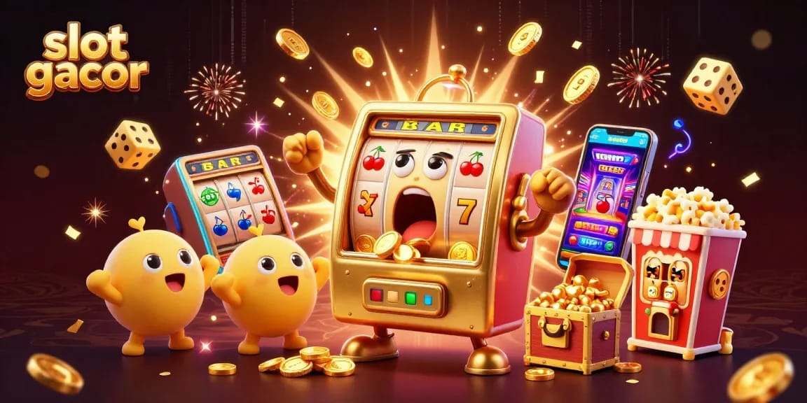 Slot gacor, mesin slot emas beraksi meraih jackpot, dikelilingi oleh elemen kasino yang meriah.