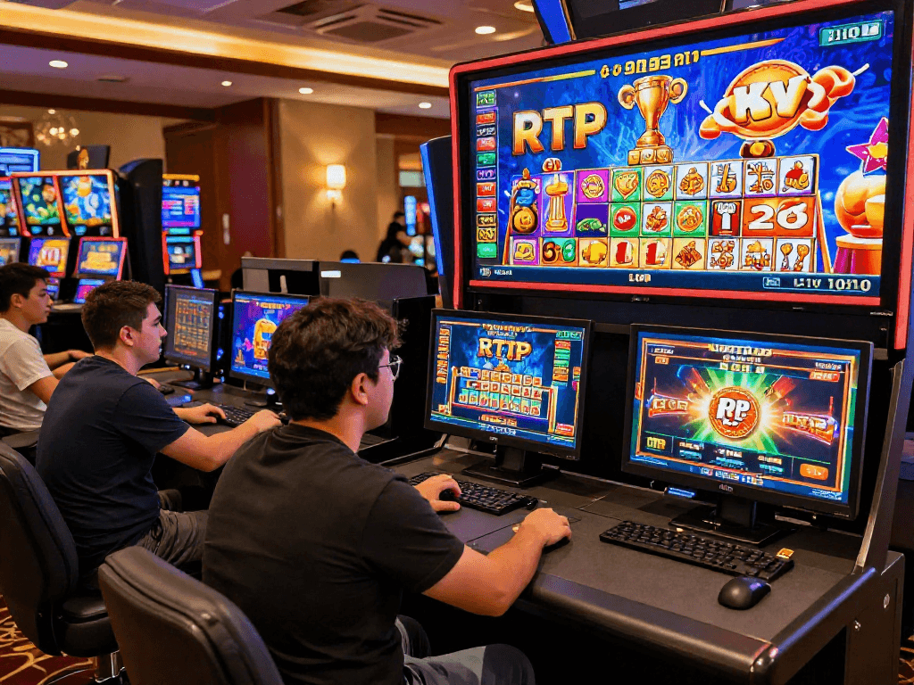 Experience RTP live excitement in a vibrant online casino atmosphere showing players engaged with celebrates and slot games.