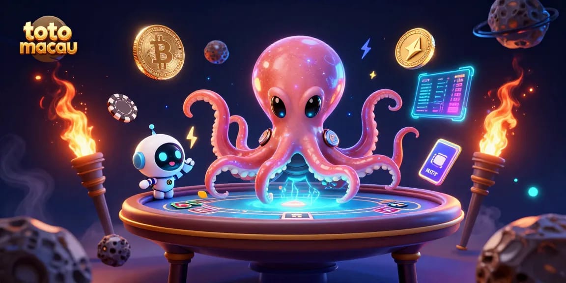 Menggali kemenangan dengan toto macau di ilustrasi futuristik kasino digital yang menampilkan karakter alien dan robot.