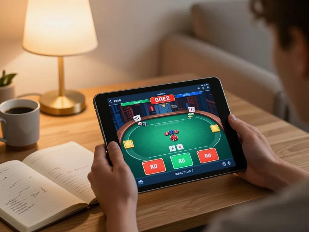 LGO99 Situs Game Online Terpercaya Di INDONESIA features a player enjoying a tablet poker game in a cozy living room.