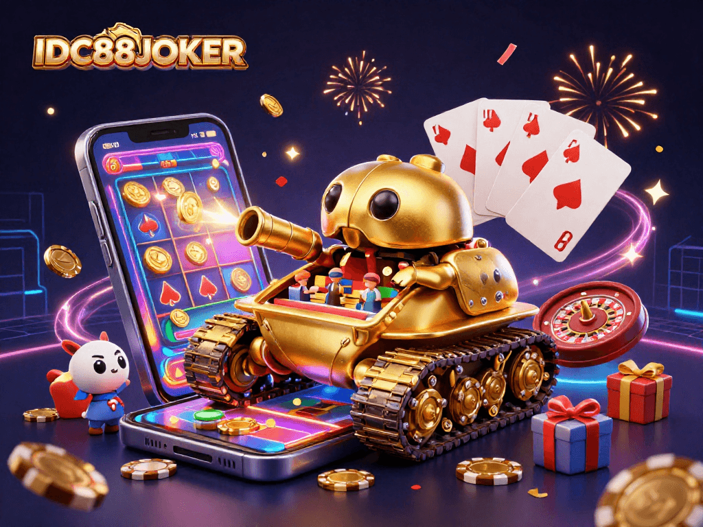 Experience the excitement of IDC88JOKER with a vibrant 3D casino scene bursting with colorful games and golden coins.