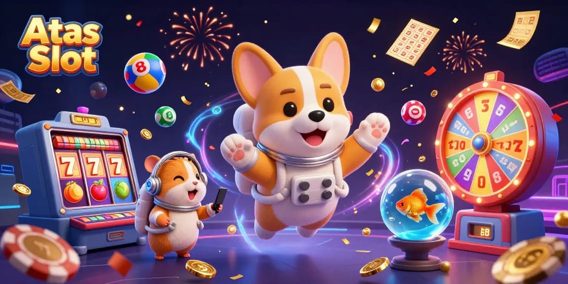Spin the reels at Atas Slot with a vibrant space casino scene featuring fun characters and dynamic game elements.