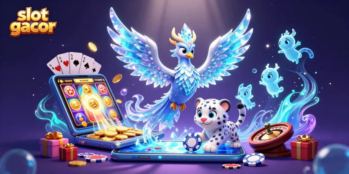 Memenangkan slot gacor dengan simbol keberuntungan dalam ilustrasi kasino kartun yang memukau.