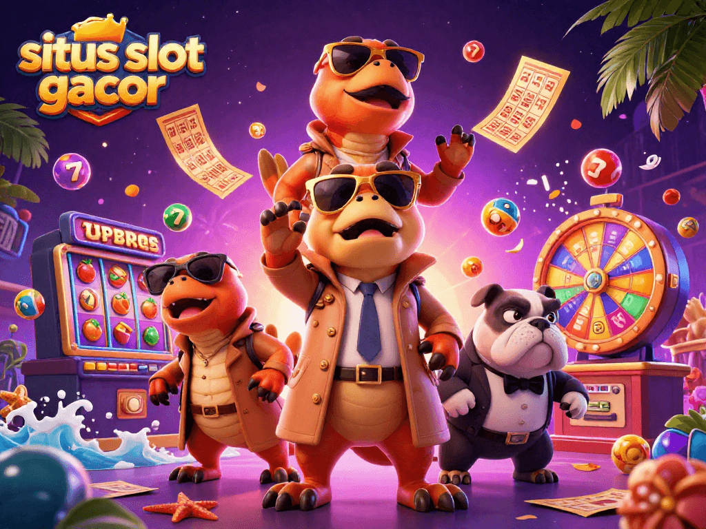 Engage in thrilling action at situs slot gacor with vibrant slot reels and lucky 7s in a colorful casino scene.