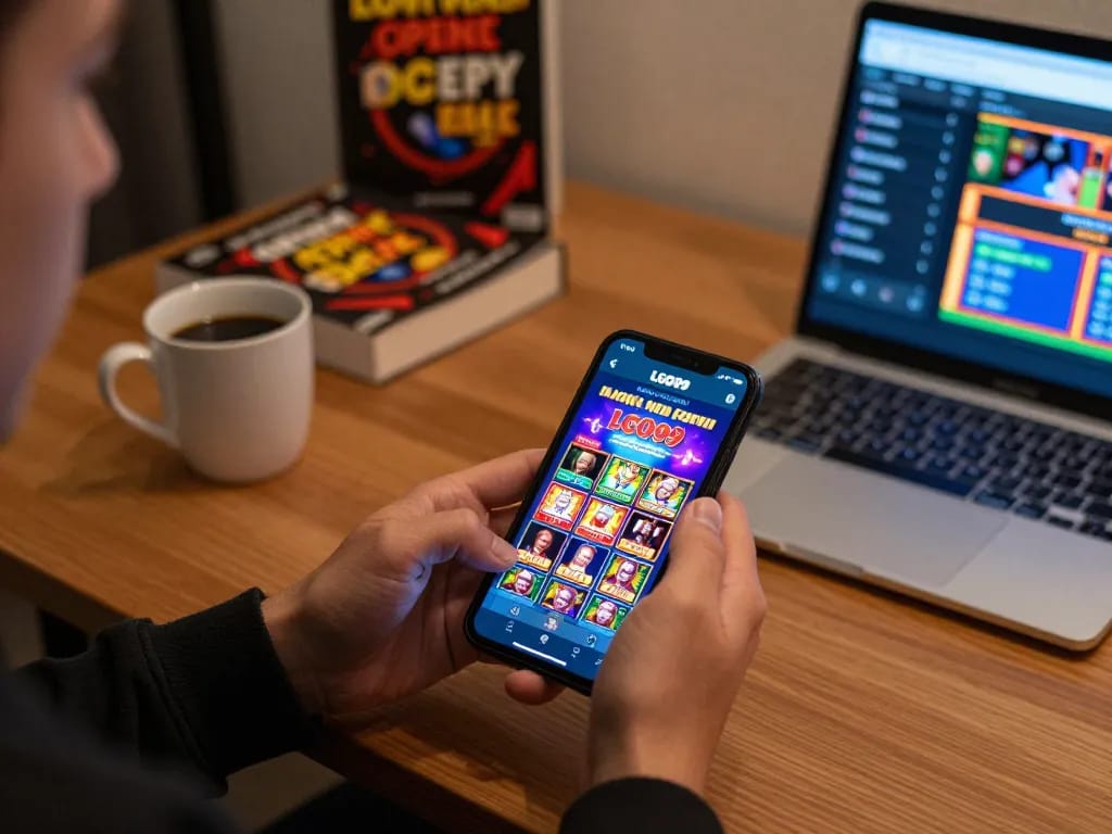 LGO99 Situs Game Online Terpercaya Di INDONESIA showcasing mobile gaming excitement and strategy in a cozy setting.