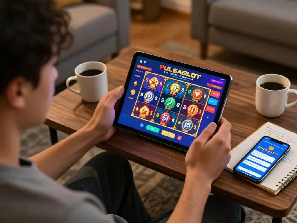 PULSASLOT SLOT ONLINE TERPERCAYA gaming experience on a tablet in a cozy home setting