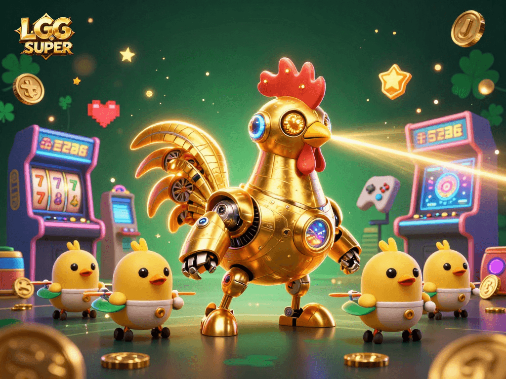 Engage with LGOSUPER's thrilling gaming experience as golden rooster robots and baby chick drones illuminate your path.