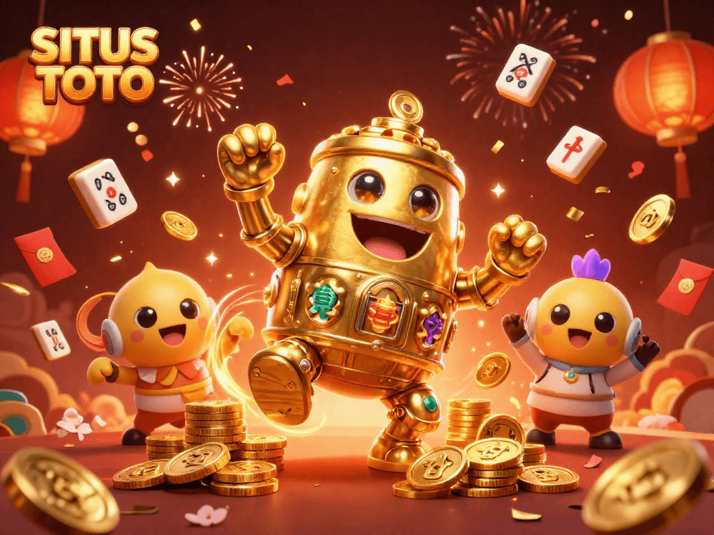 SITUS TOTO menampilkan golem emas kuno dalam aksi bermain mesin slot, dikelilingi barang keperluan judi yang meriah.