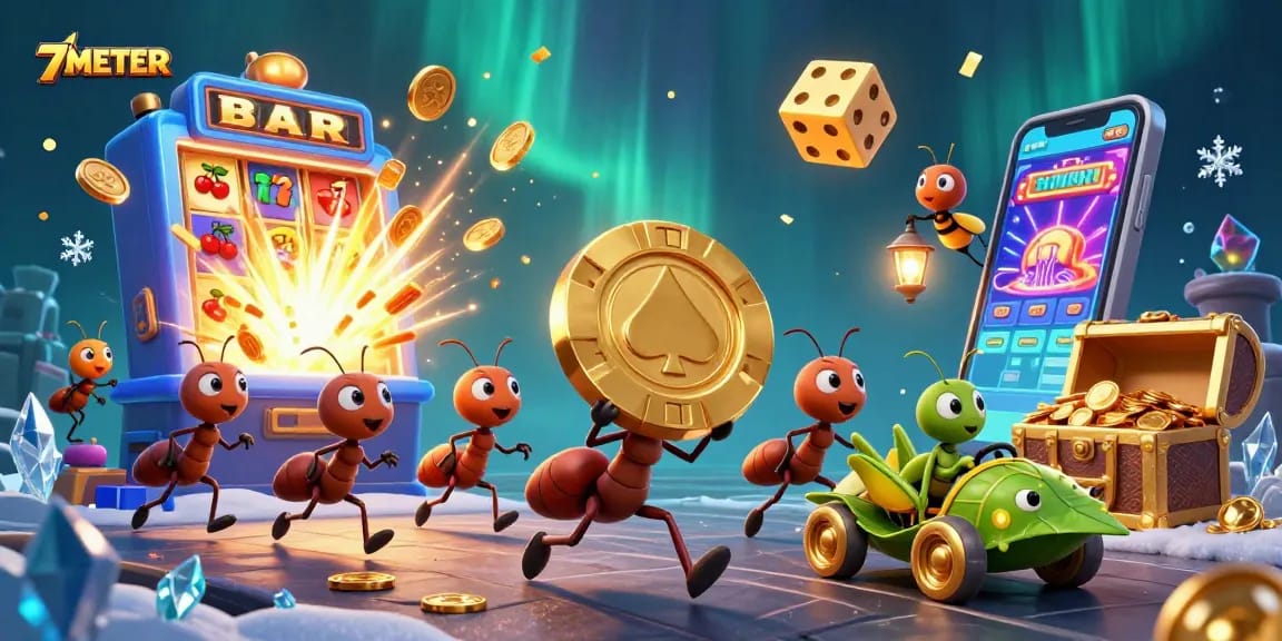 7METER showcases ants heisting a giant poker chip amidst a vibrant casino scene with golden elements.