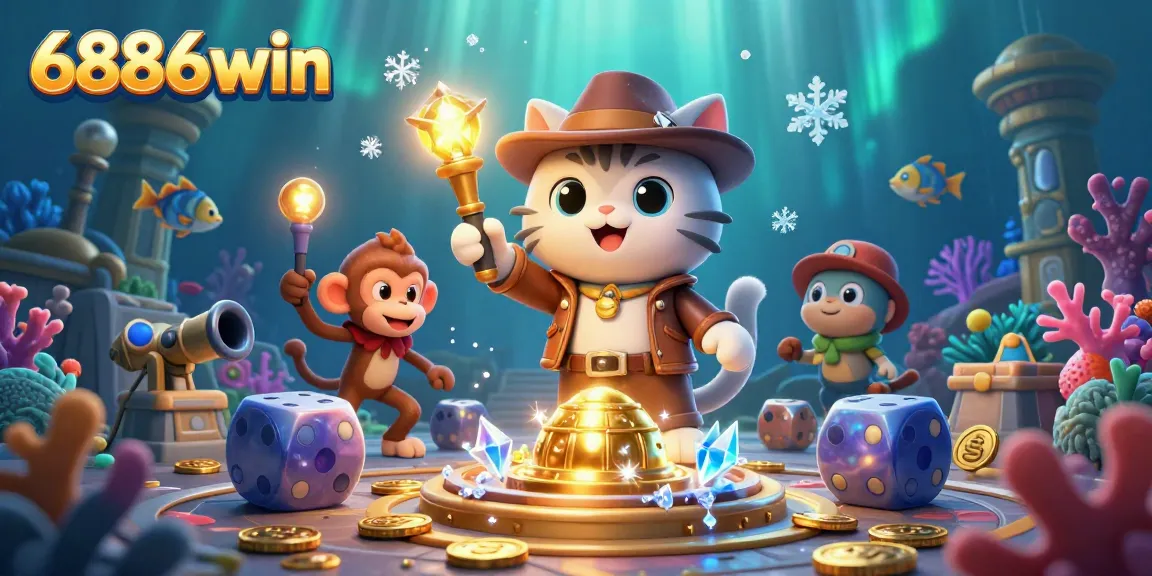 Engage in thrilling underwater adventures with 6886win as the explorer cat discovers treasures in a vibrant casino-themed scene.