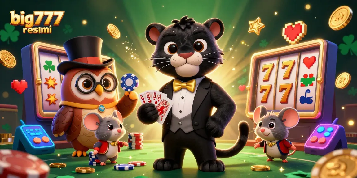 Experience thrilling gameplay with big777 resmi, featuring a tuxedo-clad panther, adorable owl, and lucky mouse amidst vibrant slot machines.