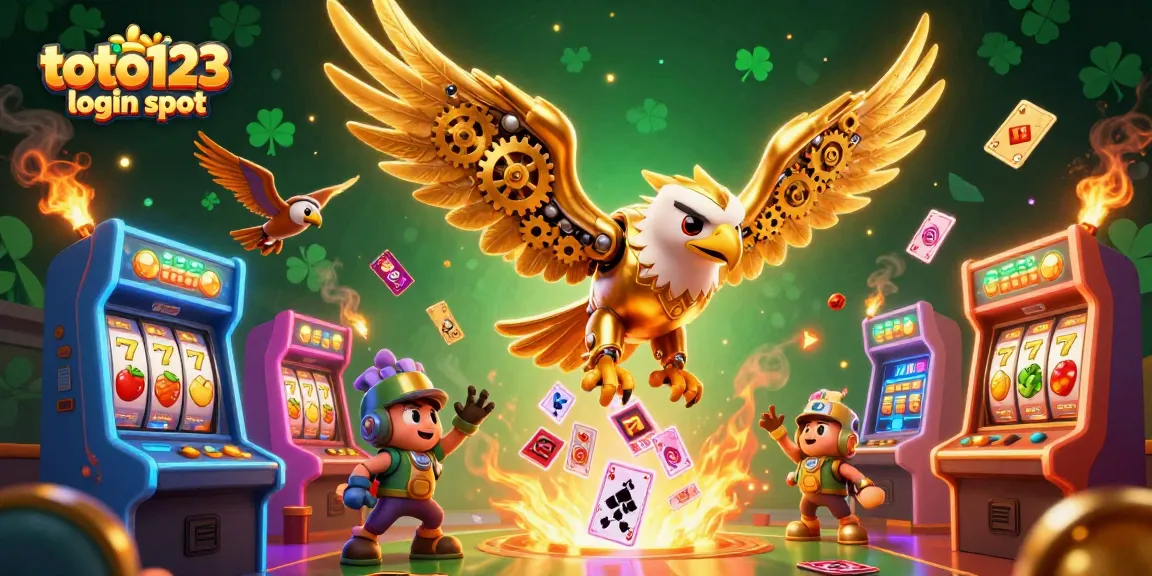 Experience thrilling gameplay with toto123 login slot featuring a cybernetic eagle and vibrant casino elements.