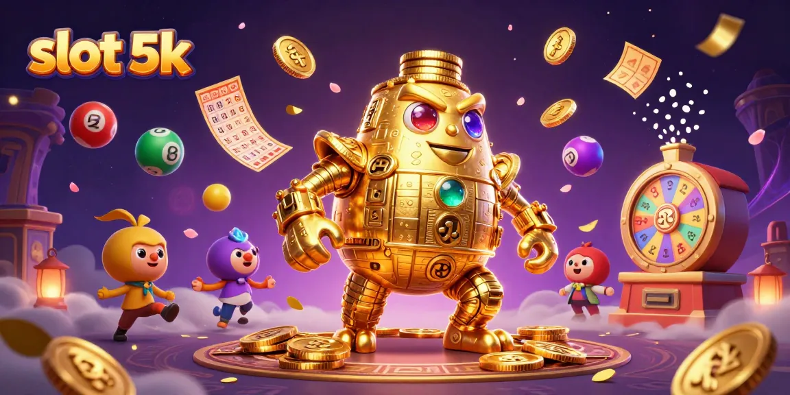 Permainan slot 5k dengan fitur menarik dan golem emas berputar di antara simbol kasino.