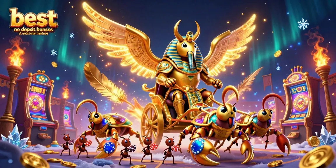Experience the best no deposit bonuses at australian casinos with this vibrant 3D illustration featuring a golden scarab and scorpions.