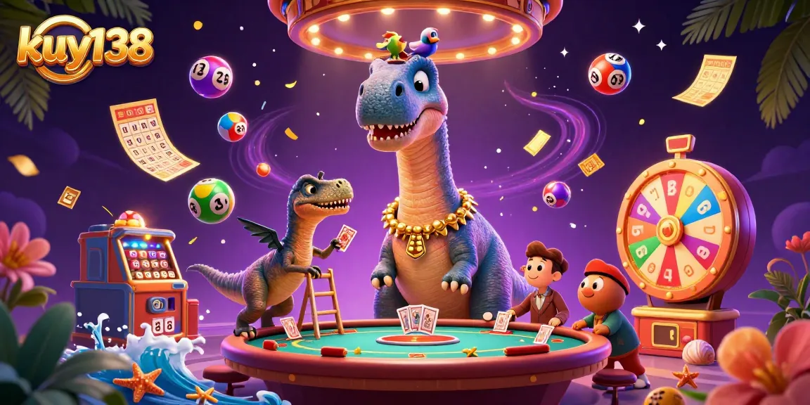Kuy138 menghadirkan brontosaurus 3D di kasino dengan simbol lotere dan permainan menang menarik.