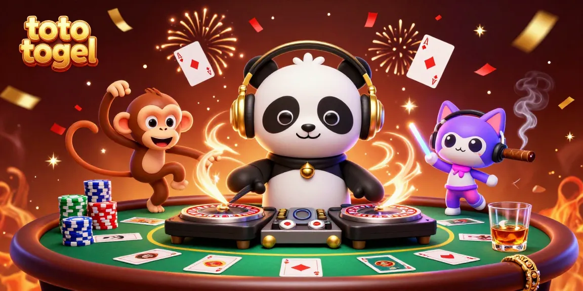 Experience the excitement of toto togel with a vibrant casino scene featuring DJ panda and friends.