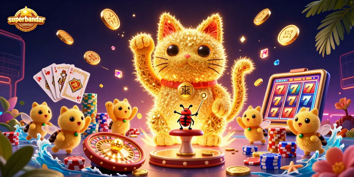 Menangkan hadiah besar bersama superbandar dengan kucing keberuntungan dan simbol kasino berkilau.