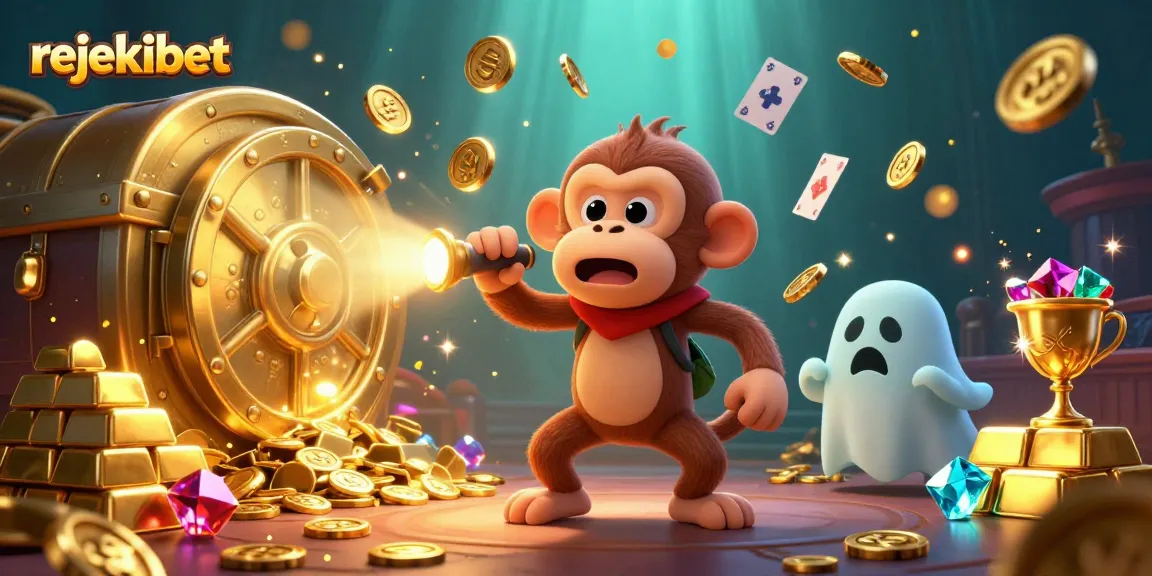 Experience thrilling gaming with rejekibet's ghostly scene of a mischievous monkey and a curious puppy in a lively casino.