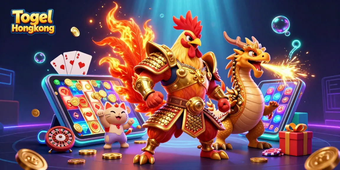 Experience thrilling Togel Hongkong action with a dynamic 3D warrior and festive casino elements.