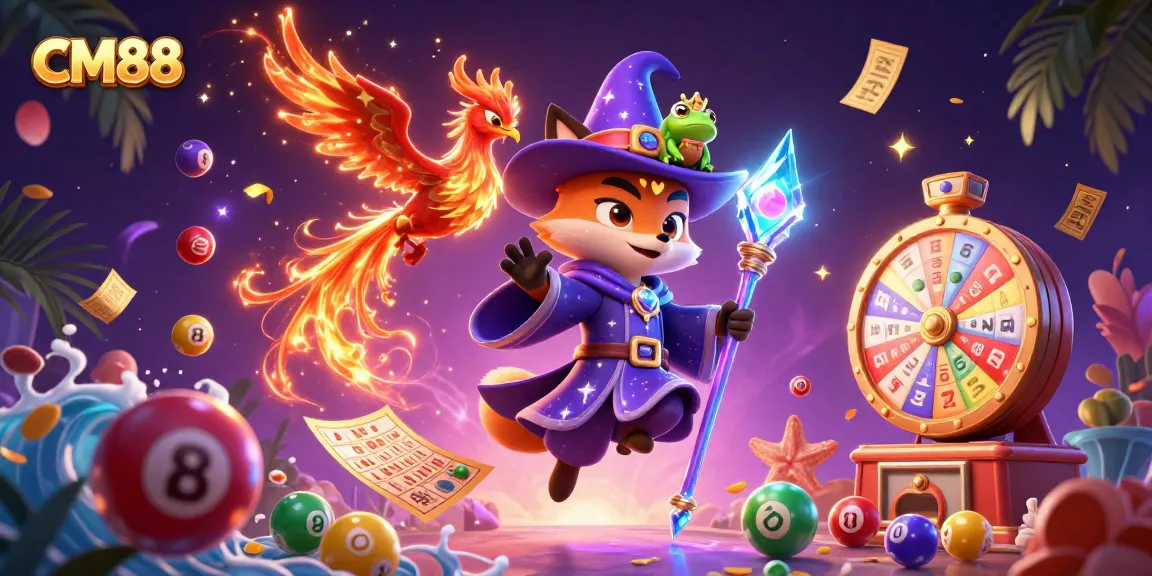 Experience the excitement of CM88 with vibrant lottery and casino elements in a magical scene.