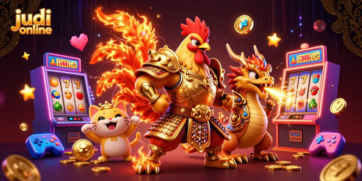 Engage in judi online gaming with energetic rooster warrior and dragon imagery, packed with slot elements.