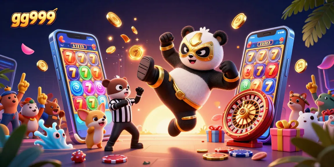 Slot jackpot gg999 dengan panda gulat terbang dan penggemar bersemangat.