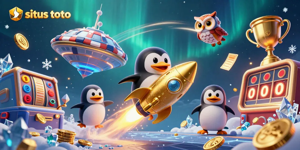 Mengakses situs toto dalam ilustrasi 3D dengan penguin emas dan elemen kasino lainnya yang dinamis