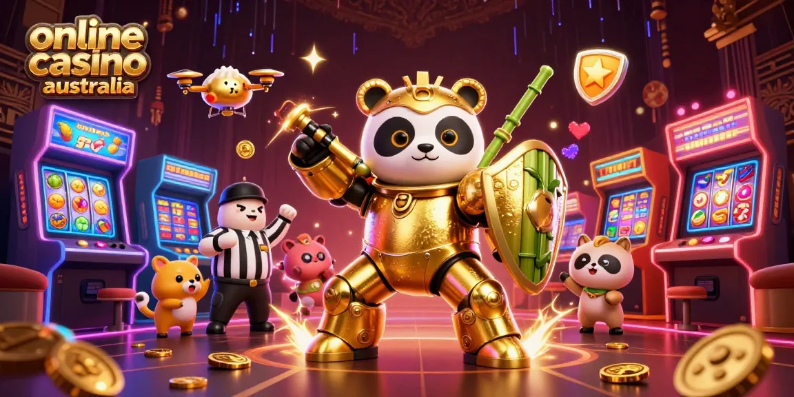 Engage with vibrant scenes of an online casino Australia featuring mech-suit panda in action.