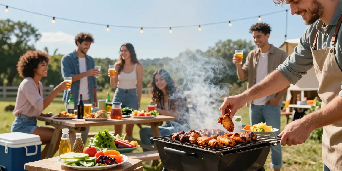 Momen barbecue outdoor seru dengan Link BOS88, teman merayakan dan memanggang daging di bawah cahaya alami.